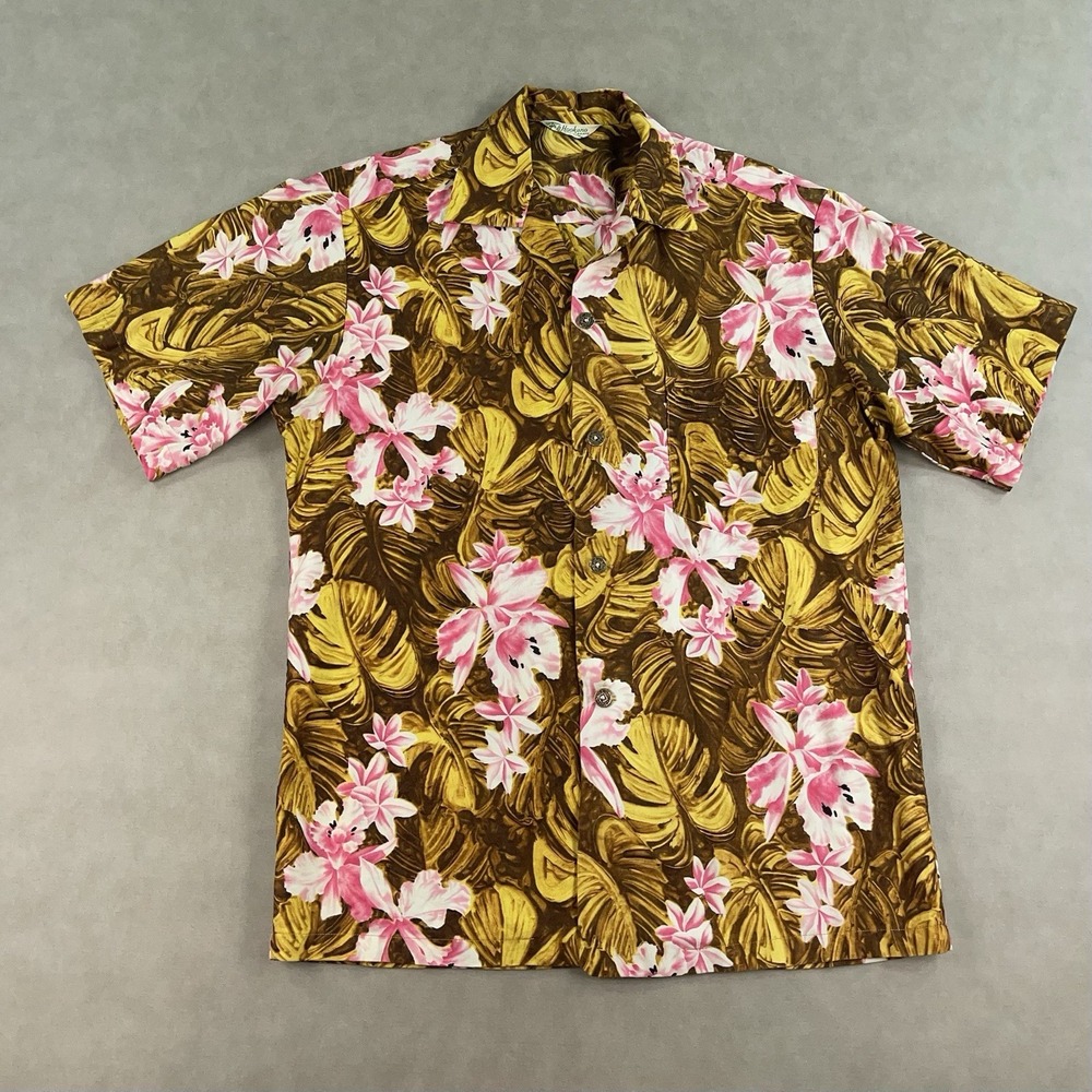 Vintage 60s Hawaiian Shirt Hookano Brand Cotton Camp Collar Floral Size Large